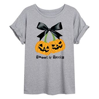 Juniors' Sweet & Spooky Cherry Pumpkins Halloween Oversized Graphic Tee