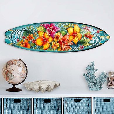 60" Hawaiian Flowers Surfboard Coastal Wall Art by G. DeBrekht