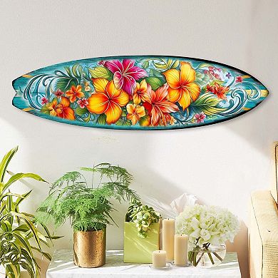 60" Hawaiian Flowers Surfboard Coastal Wall Art by G. DeBrekht