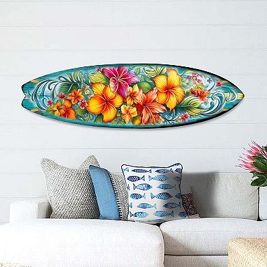 60" Hawaiian Flowers Surfboard Coastal Wall Art by G. DeBrekht