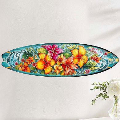 60" Hawaiian Flowers Surfboard Coastal Wall Art by G. DeBrekht