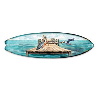 60" Pelican on the Pier Surfboard Coastal Wall Art by G. DeBrekht
