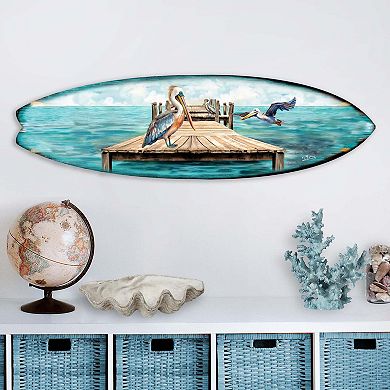 60" Pelican on the Pier Surfboard Coastal Wall Art by G. DeBrekht