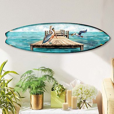 60" Pelican on the Pier Surfboard Coastal Wall Art by G. DeBrekht