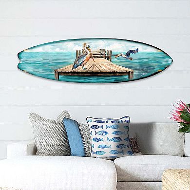 60" Pelican on the Pier Surfboard Coastal Wall Art by G. DeBrekht