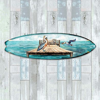 60" Pelican on the Pier Surfboard Coastal Wall Art by G. DeBrekht