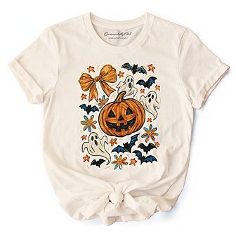 Pumpkin Ghosts Coquette Bow T-Shirt, Retro Fall Spooky Tee for Cute Trick-or-Treaters