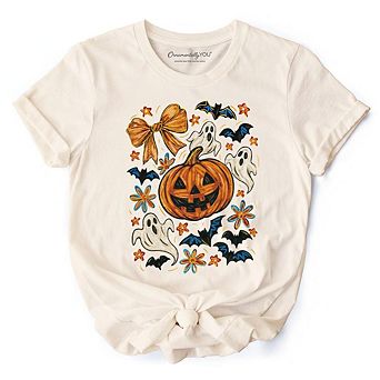 Pumpkin Ghosts Coquette Bow T-Shirt, Retro Fall Spooky Tee for Cute Trick-or-Treaters