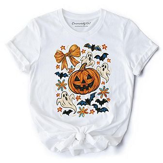 Pumpkin Ghosts Coquette Bow T-Shirt, Retro Fall Spooky Tee for Cute Trick-or-Treaters