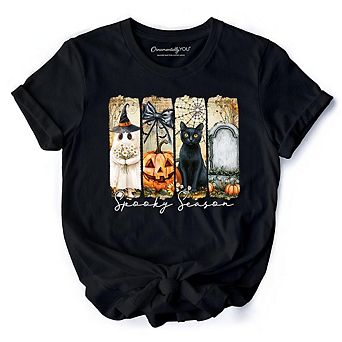 Fall Spooky Season Brushstroke T-Shirt, Coquette Vintage Ghost, Cat and Pumpkin Tee