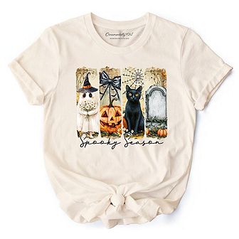 Fall Spooky Season Brushstroke T-Shirt, Coquette Vintage Ghost, Cat and Pumpkin Tee