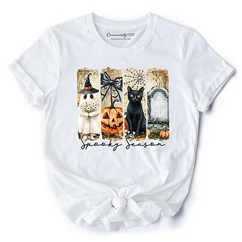 Fall Spooky Season Brushstroke T-Shirt, Coquette Vintage Ghost, Cat and Pumpkin Tee