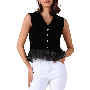 Women's Vintage Vest Mesh Hem Sleeveless Button Down Velvet Cocktail Party Vest