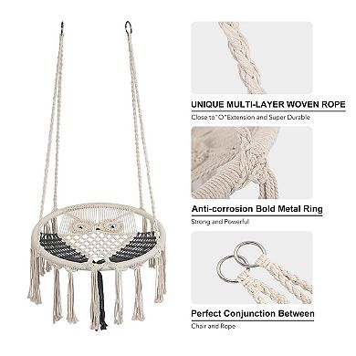 Lazy Daze Hammock Chair, Owl Hanging Macrame Swing, Handmade Knitted Mesh Rope Swing Chair