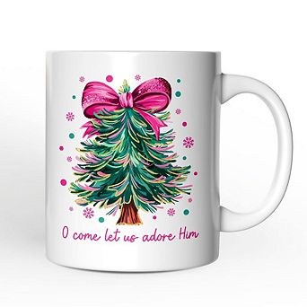 Glitter Christmas Tree Coquette Bow Mug, O Come Let Us Adore Him Holiday Gift
