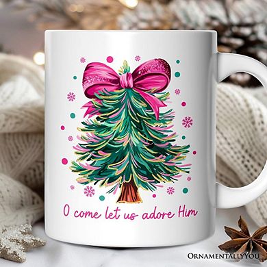 Glitter Christmas Tree Coquette Bow Mug, O Come Let Us Adore Him Holiday Gift