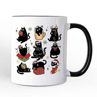 Christmas Black Cats Mug, Whimsical Cats with Santa Hat Gift