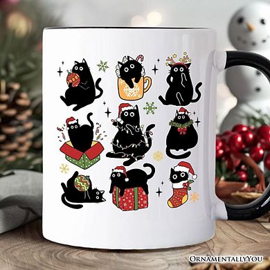 Christmas Black Cats Mug, Whimsical Cats with Santa Hat Gift