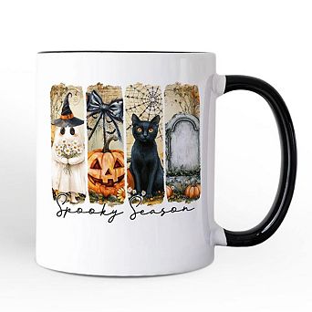 Fall Spooky Season Brushstroke Mug, Coquette Vintage Ghost, Cat and Pumpkin Gift