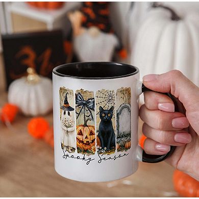 Fall Spooky Season Brushstroke Mug, Coquette Vintage Ghost, Cat and Pumpkin Gift