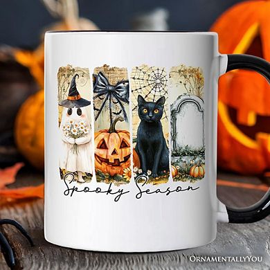 Fall Spooky Season Brushstroke Mug, Coquette Vintage Ghost, Cat and Pumpkin Gift
