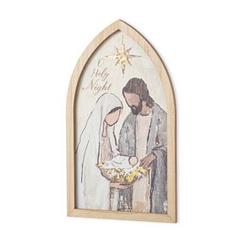Glitzhome 19.75"H Gold Foil Nativity Scene Wall Sign, Wooden Christmas Hanging Wall Decor