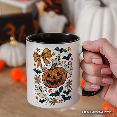Pumpkin Ghosts Coquette Bow Mug, Retro Fall Spooky Gift