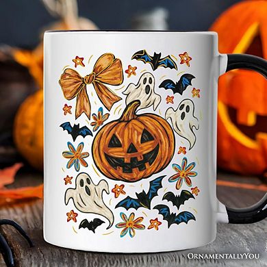 Pumpkin Ghosts Coquette Bow Mug, Retro Fall Spooky Gift