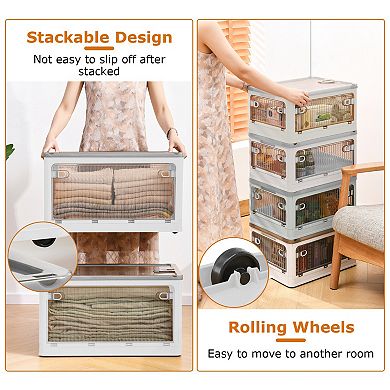 70QT/66L Foldable Storage Bins with Lid, 4-Door Stackable Organizer Boxes with Lock & Wheels