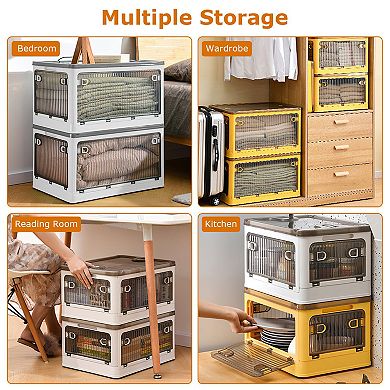 70QT/66L Foldable Storage Bins with Lid, 4-Door Stackable Organizer Boxes with Lock & Wheels