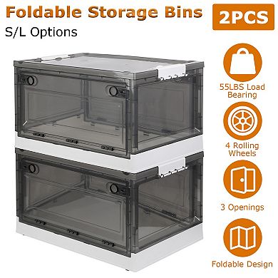2-Pack Foldable Storage Bins with Double Doors, Top Lid & Rolling Wheels for Clothes & Toys