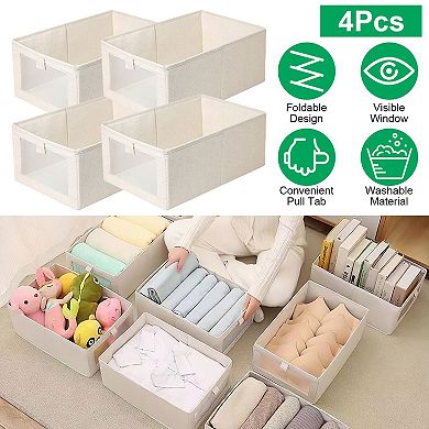 4Pcs Foldable Linen Storage Bins with Clear Window & Handle, Multipurpose Closet Organizer