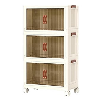 3 pc Foldable Storage Bins with Lid, Magnetic Door, Stackable Closet Organizer with Wheels