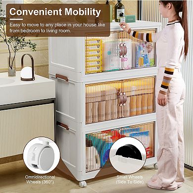 3Pcs Foldable Storage Bins with Lid, Magnetic Door, Stackable Closet Organizer with Wheels