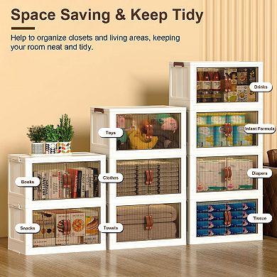 3Pcs Foldable Storage Bins with Lid, Magnetic Door, Stackable Closet Organizer with Wheels