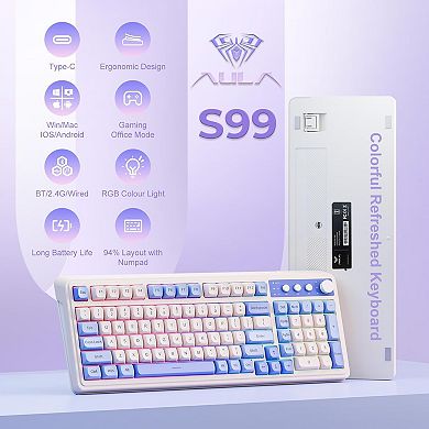 AULA S99, 99-Key, Wireless, Membrane, Gaming Keyboard, RGB, 5-Layer Padding, 2000 mAh Battery, Knob