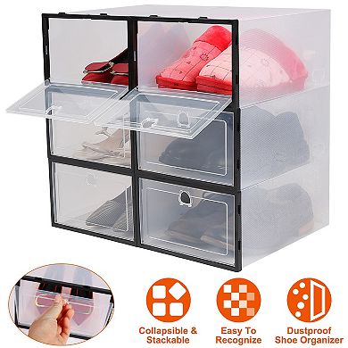 6Pcs Collapsible Stackable Shoe Boxes, Transparent Dustproof PP Shoe Organizer Bins
