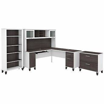 Bush Furniture 72W L Shaped Desk with Hutch, Lateral File Cabinet and Bookcase Storm Gray/White