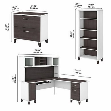 Bush Furniture 72W L Shaped Desk with Hutch, Lateral File Cabinet and Bookcase Storm Gray/White