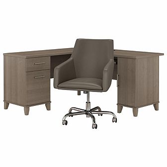 Bush Furniture 60W L Shaped Desk with Mid Back Leather Box Chair Ash Gray