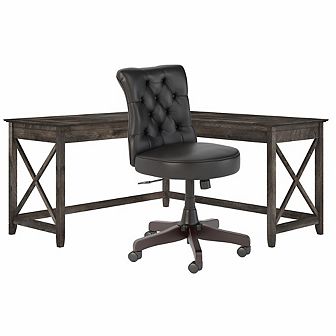 Bush Furniture 60W L Shaped Desk with Mid Back Tufted Office Chair Dark Gray Hickory