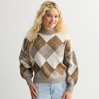 Juniors' SO® Balloon Sleeve Argyle Sweater