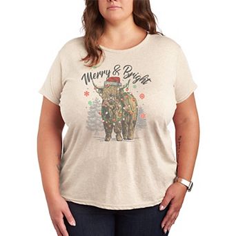 Juniors' Plus Size Merry & Bright Highland Cow Holiday Graphic Tee