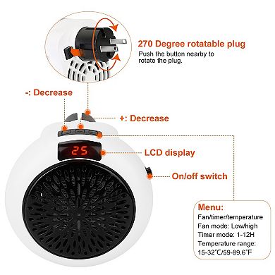 900W Portable Heater Fan Wall Outlet Space Heater Plug-in Heater Adjustable Temperature Auto Shut of