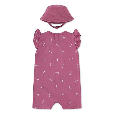 Newborn Baby Girls Nike Swooshfetti Ruffle Sleeve Romper & Bucket Hat 2-Piece Set