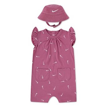 Newborn Baby Girls Nike Swooshfetti Ruffle Sleeve Romper & Bucket Hat 2 pc Set