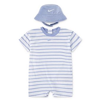 Newborn Baby Nike Short Sleeve Striped Romper & Swooshfetti Bucket Hat 2 pc Set