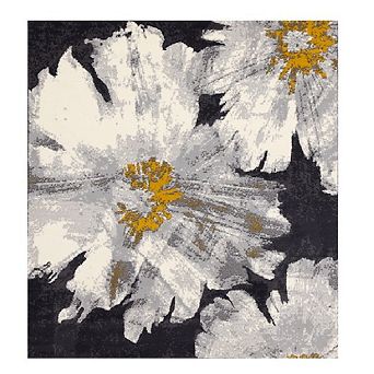 Functional Style Grey White Yellow Flower Area Rug, 4'7" x 6'7"