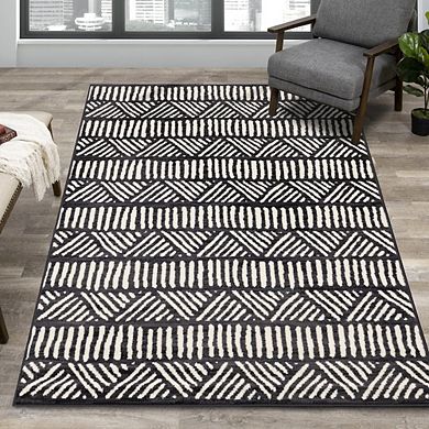 Functional Style Grey White Rug, 4'7" x 6'7"
