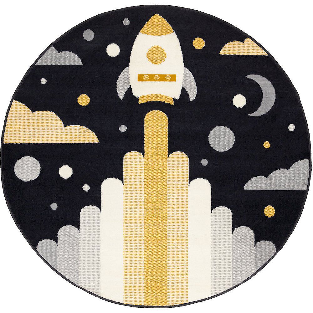 Functional Kids Black White Yellow Rocketship Rug, 5'3